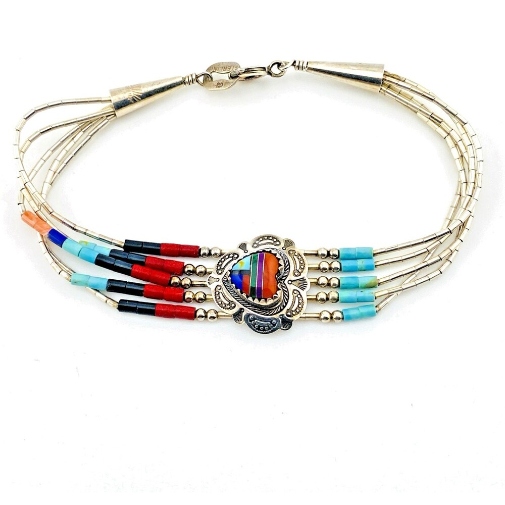 Quok Turquoise Sterling Silver Inlay Heart Bracelet Gorgeous Happy Gem Colors